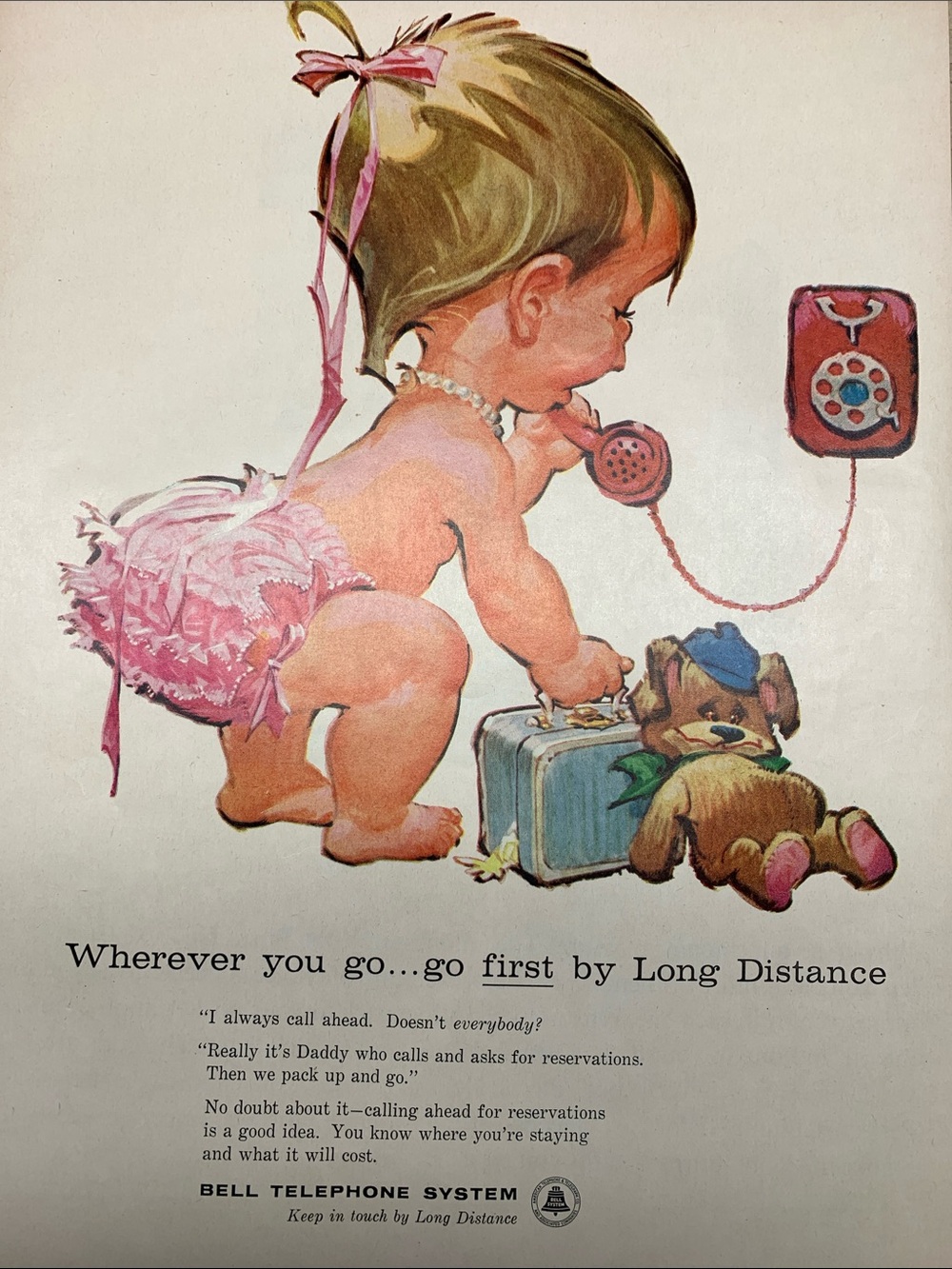 Vintage Toddler ready for vacation calling ahead Life Magazine June 9, 1962 ad